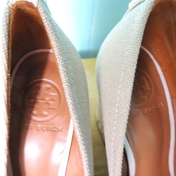 Tory Burch Shoes Wedge Heel Pumps Tan & Beige Leather & Cork Size 7 1/2 M - Picture 12 of 13